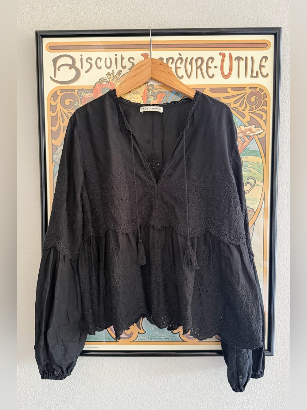 Ulla Johnson Black Eyelet Cropped Peasant Blouse - 0